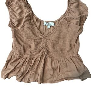 Hippie Rose Tan Flutter Sleeve Ruched Blouse